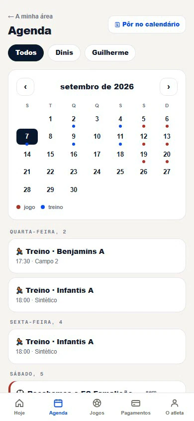 Agenda da app das famílias com o calendário de setembro e os treinos da semana
