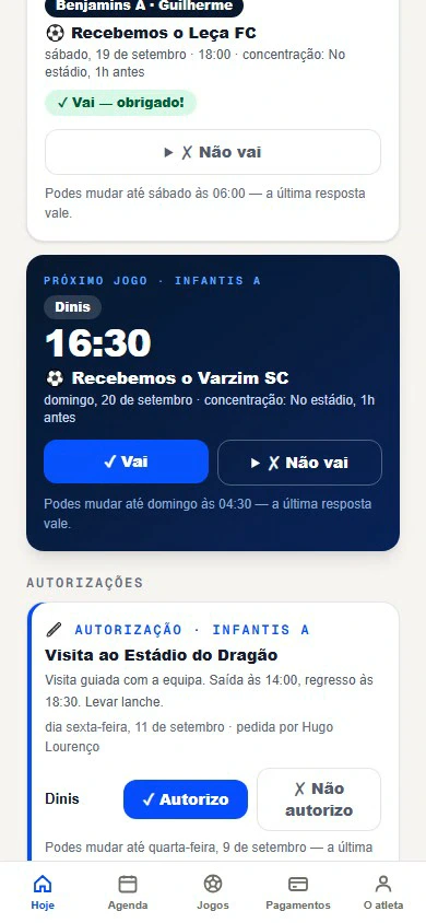 Convocatória e autorização de visita ao estádio na app das famílias