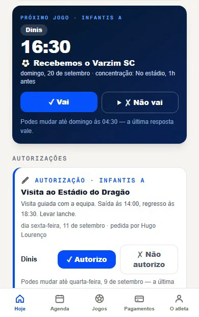 App das famílias: próximo jogo dos Infantis A com o Varzim SC, com os botões Vai e Não vai, e uma autorização para a visita ao Estádio do Dragão