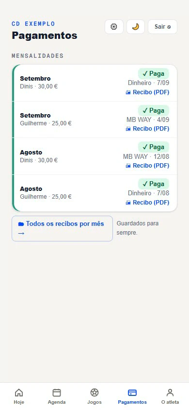 Pagamentos na app das famílias: mensalidades pagas por MB WAY e em dinheiro, com recibo