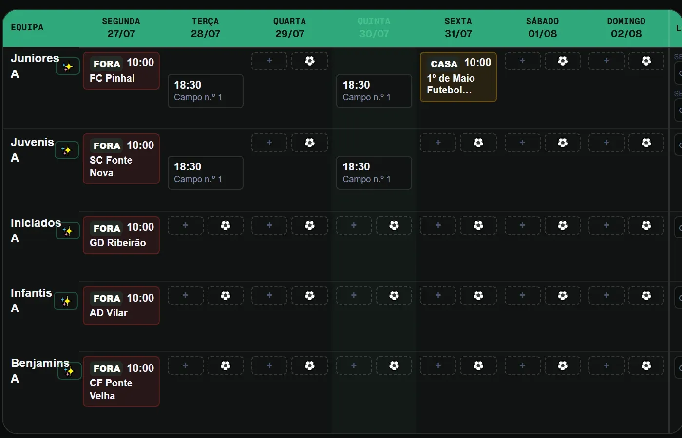 Grelha do planeamento semanal com as equipas em linha e os dias em coluna